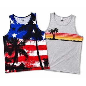 US Apparel Mens Tank Top Bundle 2 Pack American Flag Palm Tree Gray Medium NWT